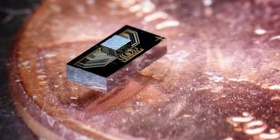 The chip sandwich: an electronics chip (the smaller chip on the top) integrated with a photonics chip, sitting atop a penny for scale. (Credit: Arian Hashemi Talkhooncheh)