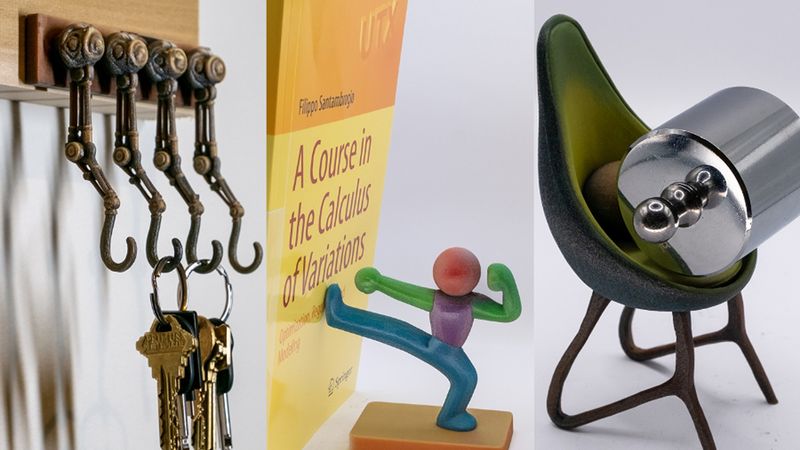 The PhysiOpt system augments generative AI models with physics simulations, helping design things like keyholders and bookends. Resulting 3D-printed items can handle real-world use. Images courtesy of the researchers.