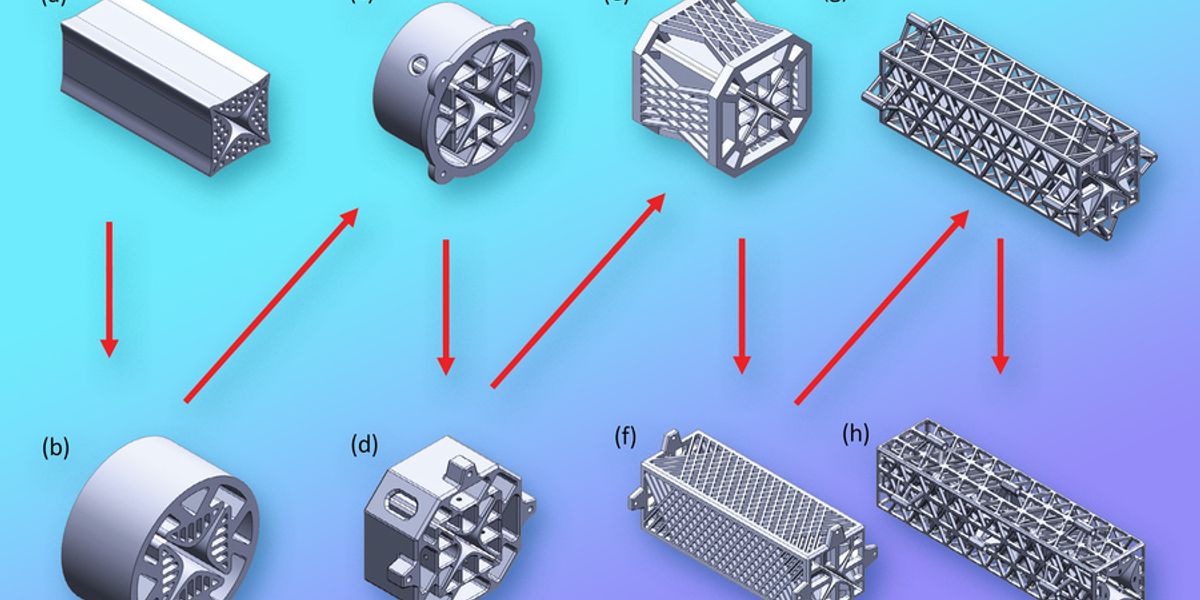 Because additive manufacturing allows the researchers to easily try new designs, they created a number of different quadrupole filters before arriving at the final iteration (h), which is surrounded by a series of triangular lattices to provide durability. Image: Courtesy of the researchers, edited by MIT News