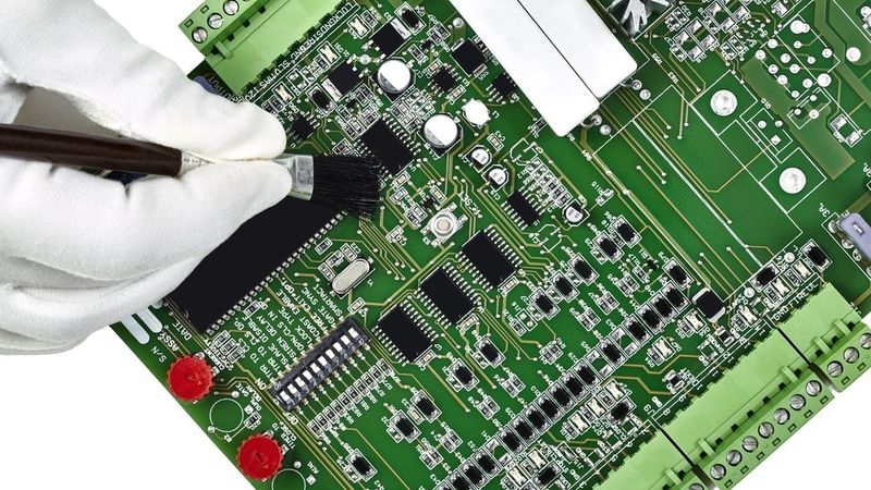 Cleaning of Printed Circuit Board (PCB) using a soft brush.