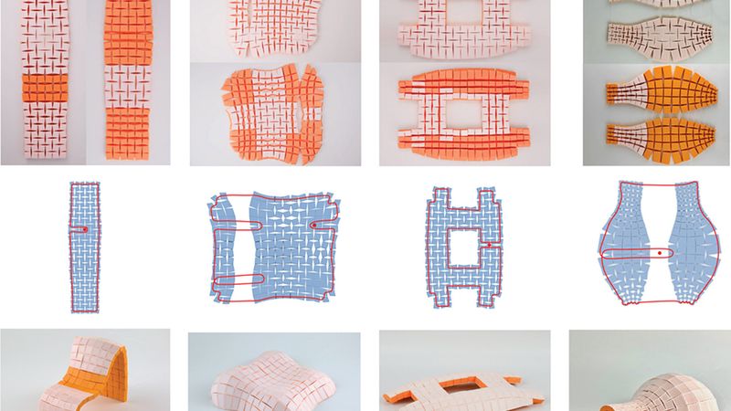 Four 3D structures, pictured on bottom, were transformed from flat configurations made of interconnected tiles (top) with a single pull of a string. The middle row shows, in red, the optimized string path and lift points for each object. Credit: Courtesy of the researchers