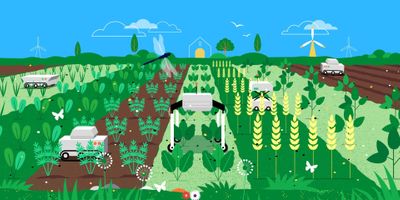 Small, autonomous robots will make it possible to grow several different crops on the same field and that can help improve biodiversity. Illustration: Mark Airs.