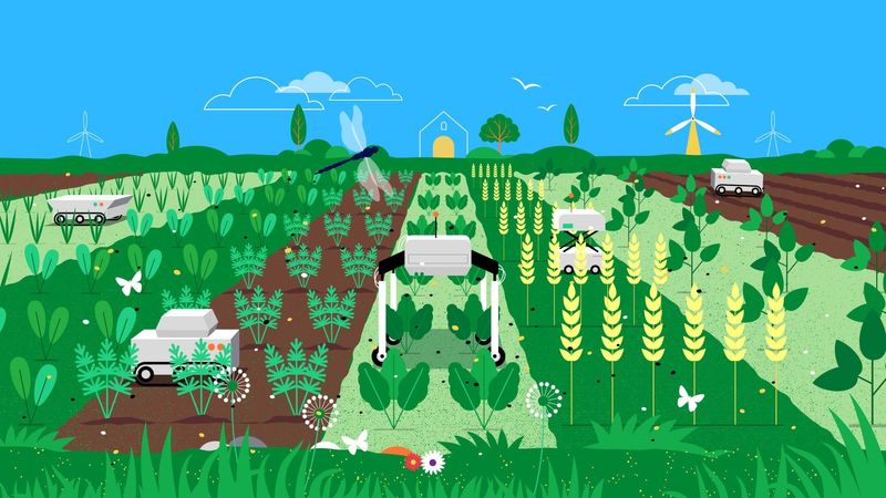 Small, autonomous robots will make it possible to grow several different crops on the same field and that can help improve biodiversity. Illustration: Mark Airs.