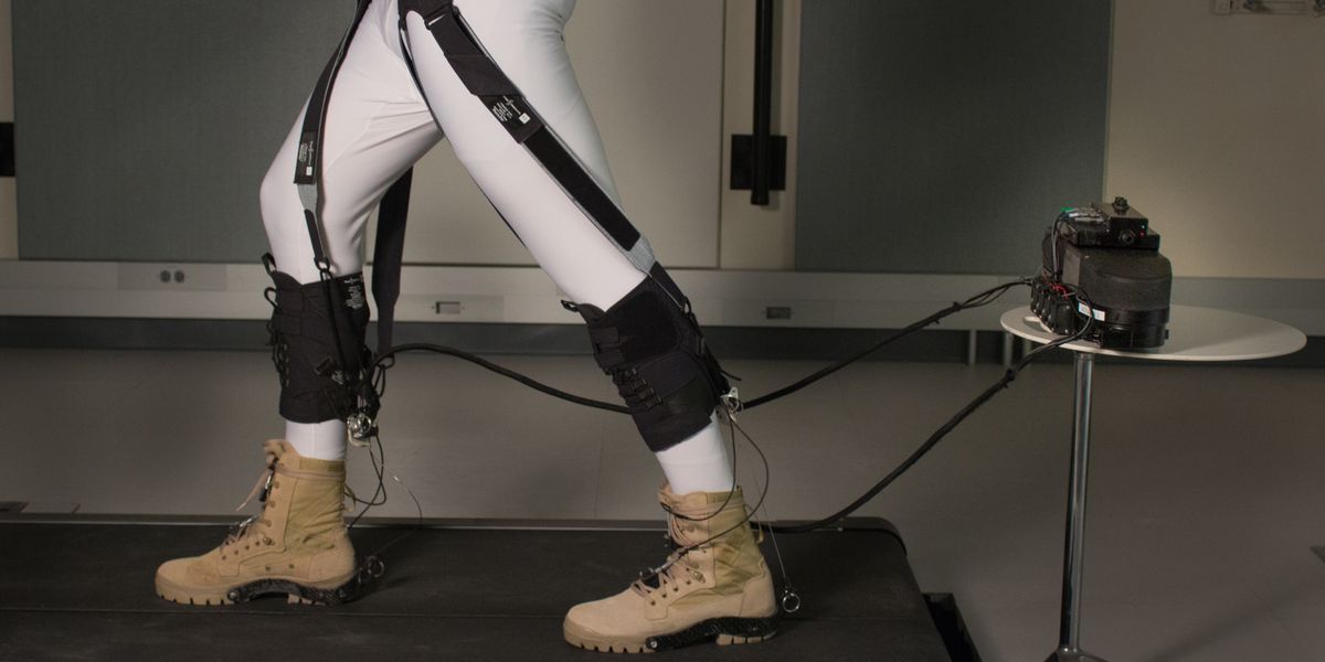 The exosuit’s soft textiles strategically position the actuating cables that assist with the ankle motion at the back of the lower legs, and, through additional straps, transfers energy produced at the ankle to the front of the hip to also assist with the gait’s hip motion. 