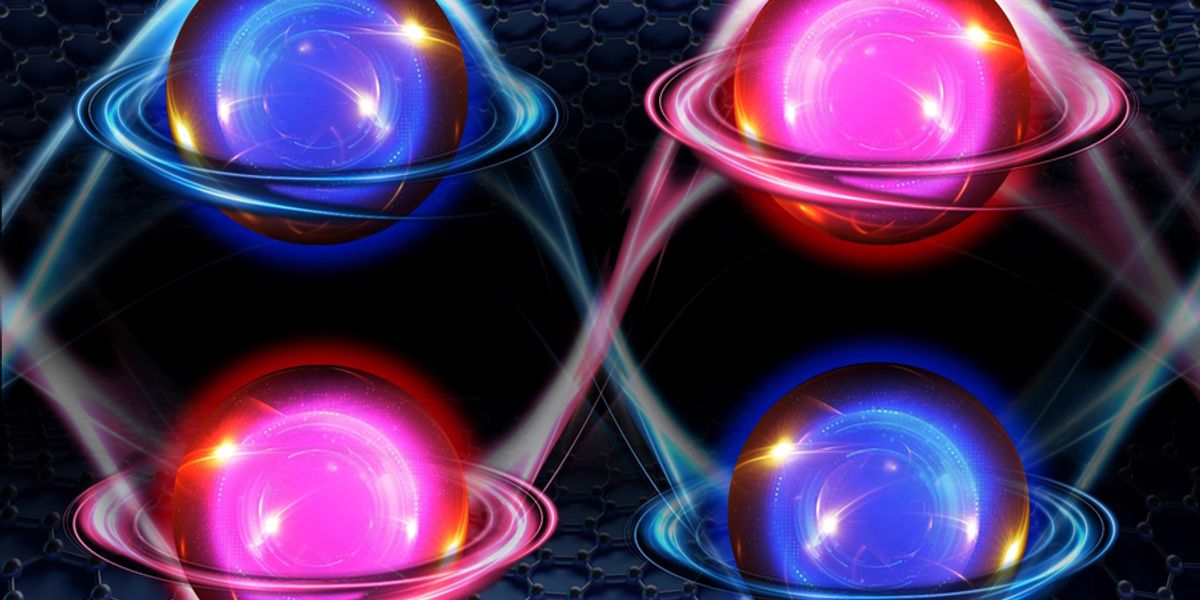 When stacked in five layers in a rhombohedral pattern, graphene takes on a rare “multiferroic” state, in which the material’s electrons (illustrated here as spheres) exhibit two preferred electronic states: an unconventional magnetism (represented as orbits around each electron), and “valley,” or a preference for one of two energy states (depicted in red versus blue). The results could help advance more powerful magnetic memory devices. Image: Sampson Wilcox, RLE
