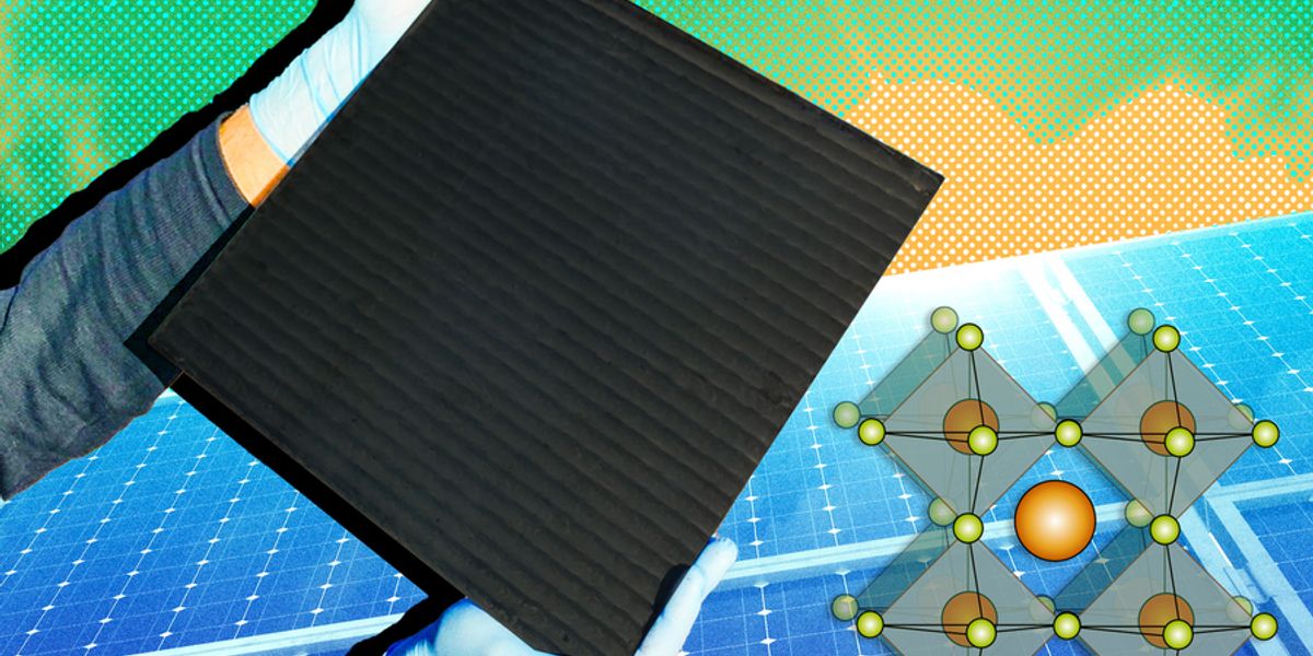 The optimized production of perovskite solar cells could be sped up thanks to a new machine learning system. Image: Photo of solar cell by Nicholas Rolston, Stanford, and edited by MIT News. Perovskite illustration by Christine Daniloff, MIT.