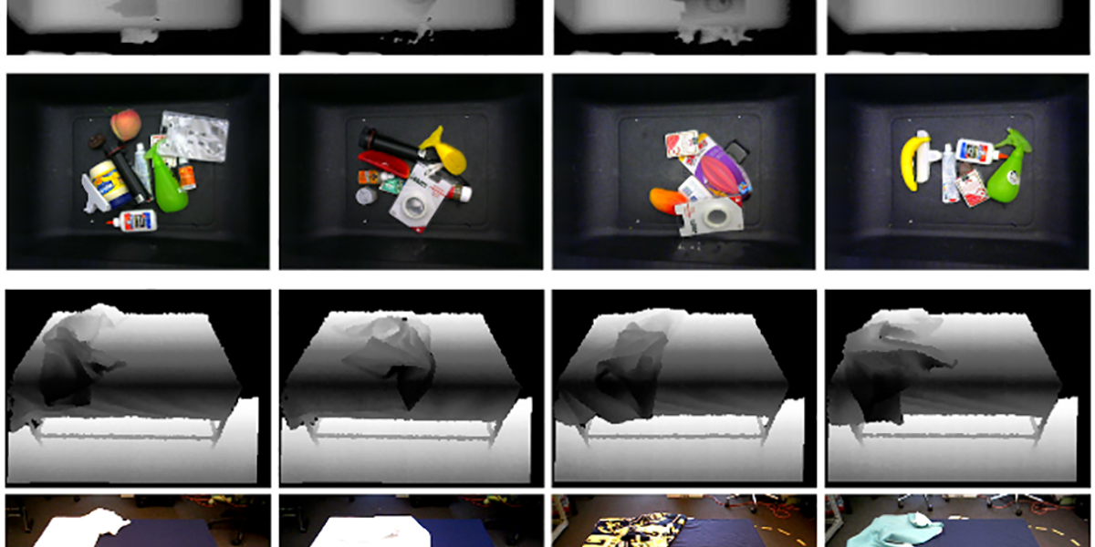 First two rows: examples of depth and RGB image pairs for grasping objects in a bin. Last two rows: similar examples for bed-making