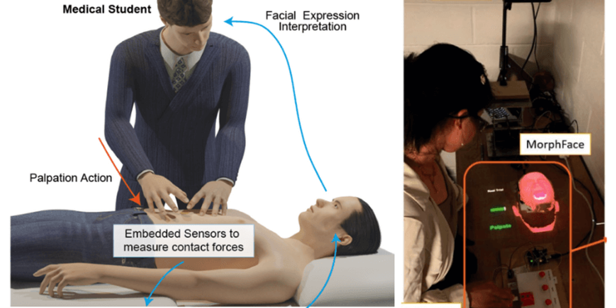 Student receives real-time facial expressions from the robotic platform [Left– virtual];  Experiment setup [Right– actual]