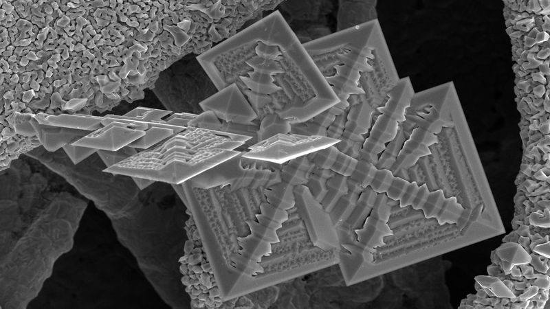 A scanning electron microscope image of tin crystals, stimulated by electricity and growing on a copper surface. A new method developed by Princeton researchers could speed up the process of designing and testing new crystalline materials. Image by Lynn Trahey, Argonne National Laboratory