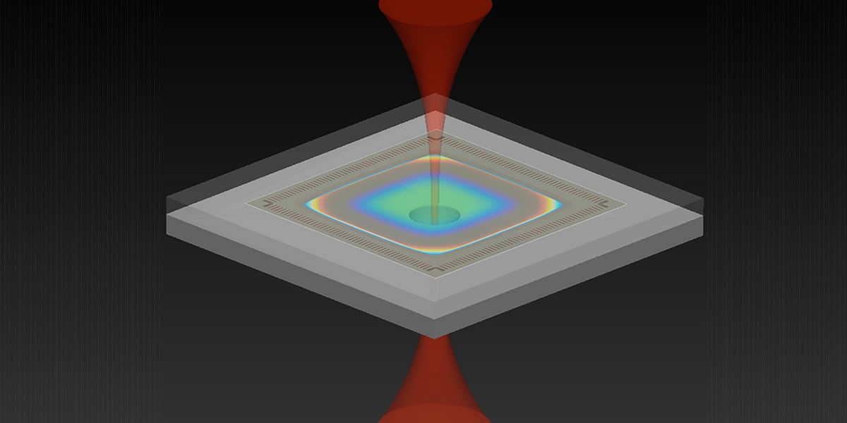 Illustration of an optomechanical accelerometer, which uses light to measure acceleration. The NIST device consists of two silicon chips, with infrared laser light entering at the bottom chip and exiting at the top. The top chip contains a proof mass suspended by silicon beams, which enables the mass to move up and down freely in response to acceleration. A mirrored coating on the proof mass and a hemispherical mirror attached to the bottom chip form an optical cavity. The wavelength of the infrared light is chosen so that it nearly matches the resonant wavelength of the cavity, enabling the light to build in intensity as it bounces back and forth between the two mirrored surfaces many times before exiting. When the device experiences an acceleration, the proof mass moves, changing the length of the cavity and shifting the resonant wavelength. This alters the intensity of the reflected light. An optical readout converts the change in intensity into a measurement of acceleration.  Credit: F. Zhou/NIST