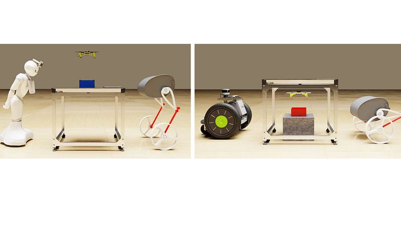 A team that included Chongzie Zhang from McKelvey Engineering developed a method that allows robots to teach other robots with different features to perform the same task. In the image on the left, the robots’ task was to monitor the blue box, and in the image on the right, their task was to monitor the red box. (Credit: Zhang)