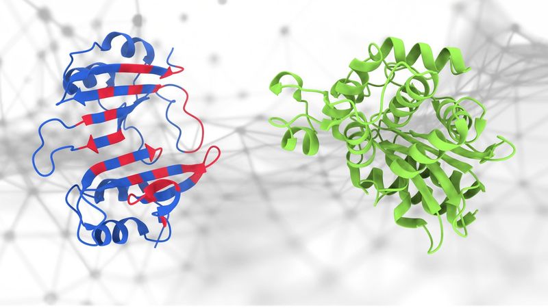 The geometric deep-learning method (PeSTo) used to predict protein binding interfaces. The amino acids involved in the protein binding interface are highlighted in red. Credit: Lucien Krapp (EPFL)