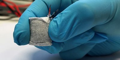 The prototype fuel cell is wrapped in a fleece and is slightly larger than a thumbnail. (Photograph: Fussenegger Lab / ETH Zurich)