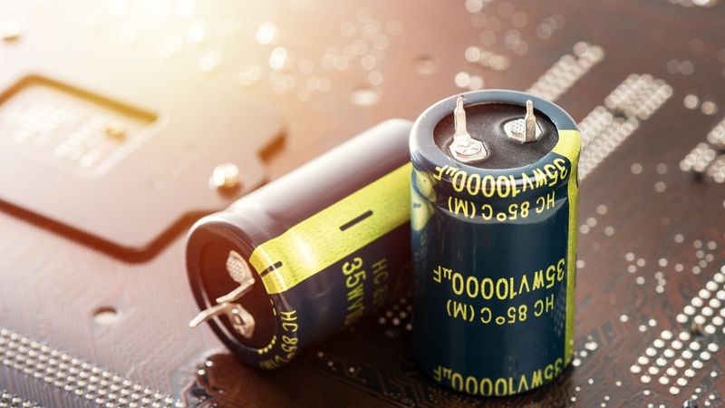 The 10,000 microfarad 35 V electrolytic capacitors, used in electronic device.