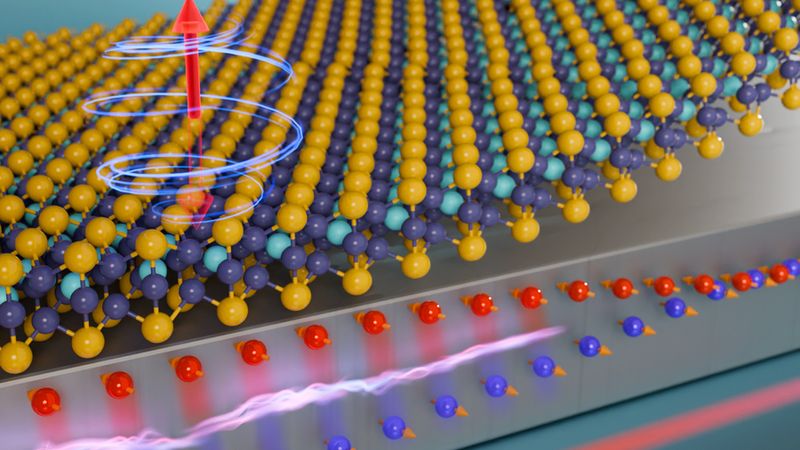 This illustration shows electric current being pumped into platinum (the bottom slab), which results in the creation of an electron spin current that switches the magnetic state of the 2D ferromagnet on top. The colored spheres represent the atoms in the 2D material. Image: Courtesy of the researchers