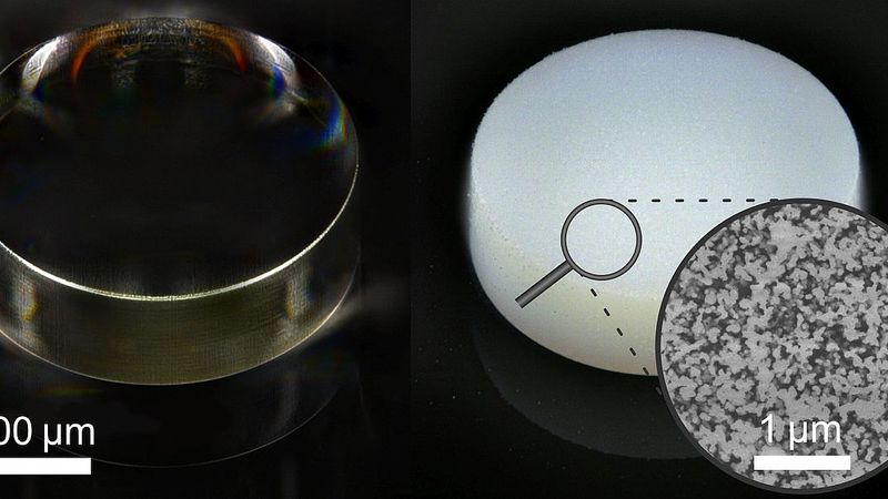 Color change: The right micro-cylinder, printed with the new type of photoresist, appears white because the light is scattered in its spongy structure, while the cylinder printed from conventional photoresist appears transparent. (Fig .: 3DMM2O)