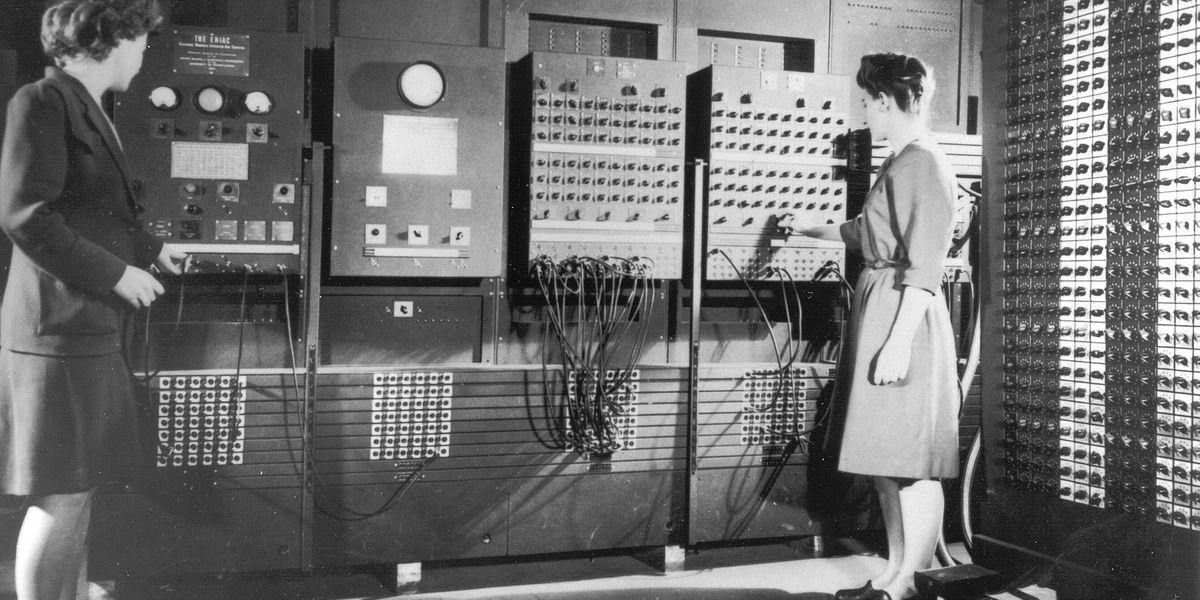 Betty Jean Jennings and Fran Bilas at the main ENIAC control panel. Moore School of Electrical Engineering. U.S. Army, ARL Technical Library Archives