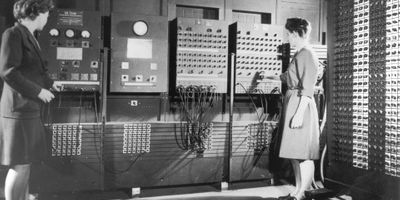 Betty Jean Jennings and Fran Bilas at the main ENIAC control panel. Moore School of Electrical Engineering. U.S. Army, ARL Technical Library Archives