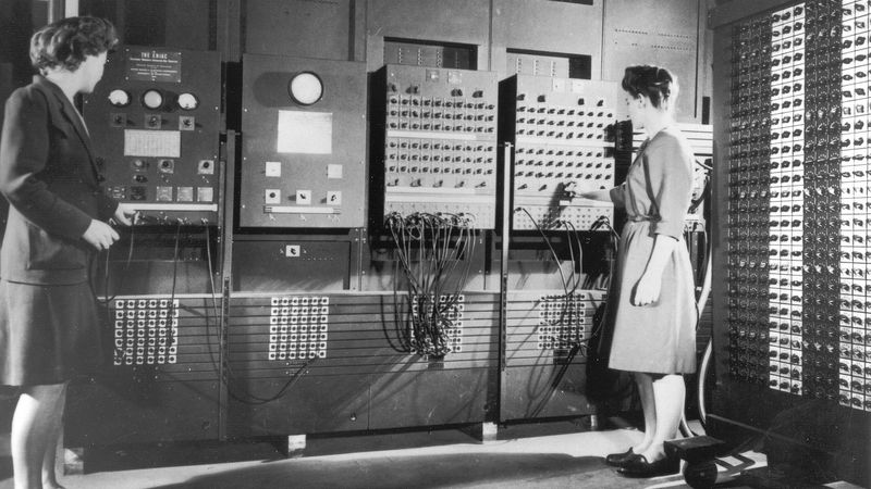 Betty Jean Jennings and Fran Bilas at the main ENIAC control panel. Moore School of Electrical Engineering. U.S. Army, ARL Technical Library Archives