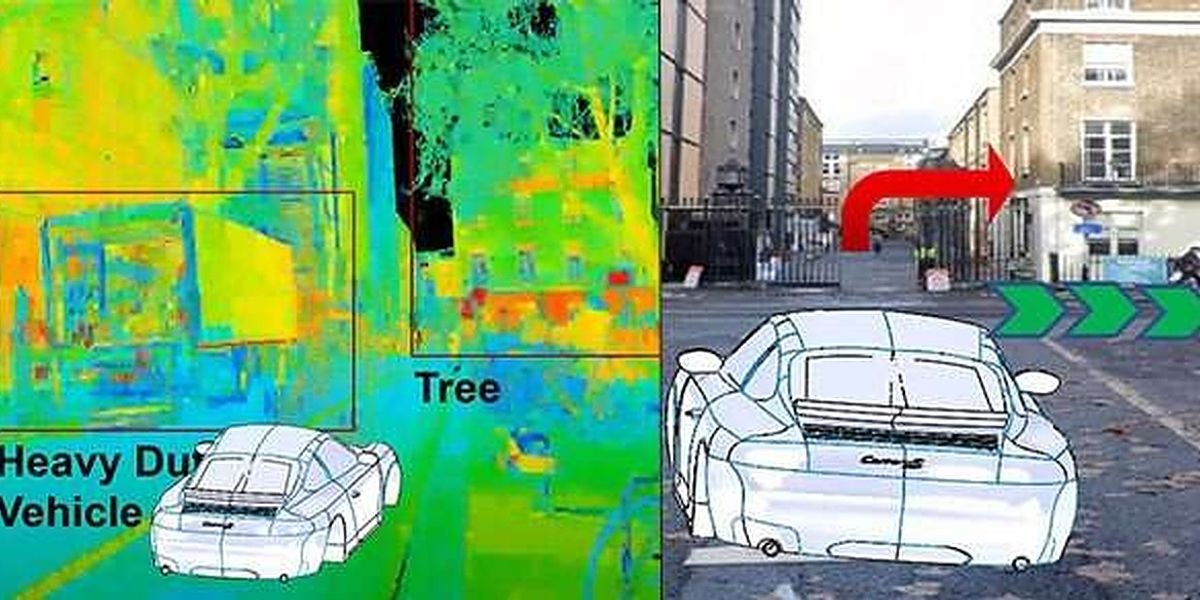 Road obstacle detection with machine learning algorithms (left) and 3D AR HUD navigating through public roads (right). Credit: Department of Engineering, University of Cambridge