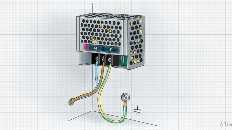 Picture III: Installation photo showing the correct grounding of a Class I PSU inside a metal enclosure.