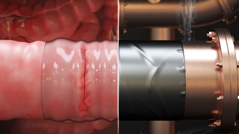 A new MIT-designed surgical sticky tape can be applied quickly and easily, like duct tape to a pipe, to repair leaks and tears in the gastrointestinal tract and other tissues and organs. Credit: Courtesy of the researchers