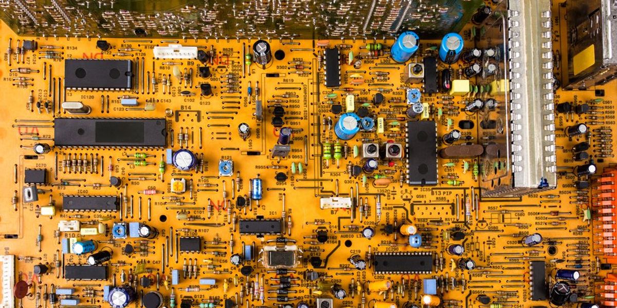 A typical circuit board with components and wiring traces