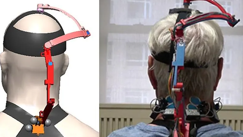 Schematic of the new robotic neck brace and a picture of a subject using the brace. (Left) A CAD drawing of the neck brace. (Right) A participant wearing the brace during experiments while sitting comfortably on a chair. Surface electrodes are mounted in the head and neck area to record muscle activity. Photo Credit: Sunil K. Agrawal, Roar Lab.