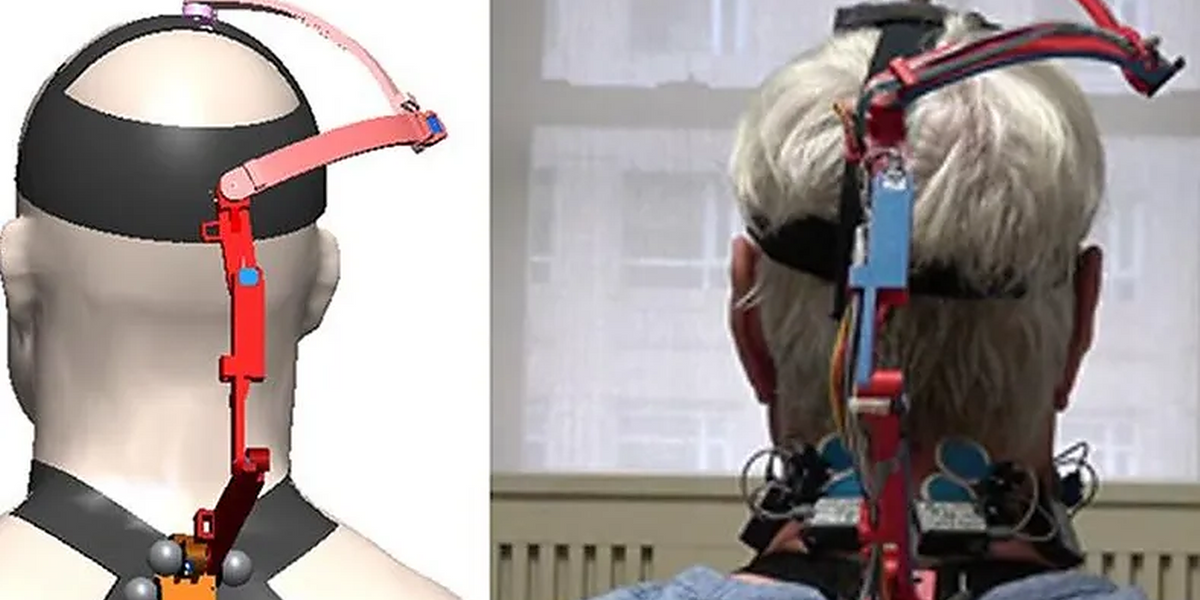 Schematic of the new robotic neck brace and a picture of a subject using the brace. (Left) A CAD drawing of the neck brace. (Right) A participant wearing the brace during experiments while sitting comfortably on a chair. Surface electrodes are mounted in the head and neck area to record muscle activity. Photo Credit: Sunil K. Agrawal, Roar Lab.