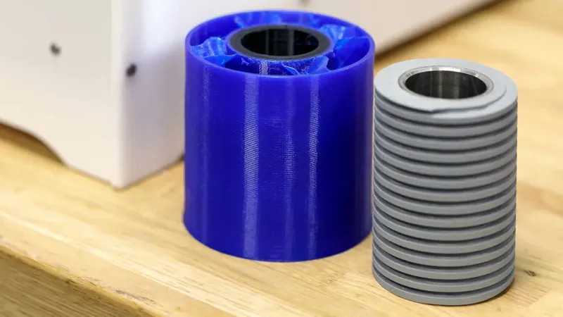 An original part from a packaging machine (right) and the 3D printed replacement (left), which also includes design improvements