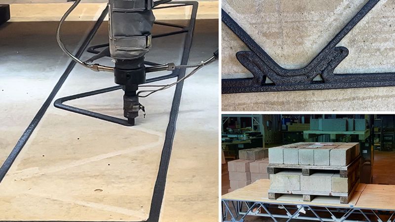 On left, the MIT HAUS large format 3D printer system deposits the first layer of a polymer composite 3D printed floor truss. A closeup of a notched joint is seen on right, and the assembled floor system undergoing a bending test with a ~2,000lb concrete block load in the center. Credit: Courtesy of the researchers