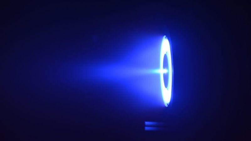 The glow of the plasma from the H9 MUSCLE Hall thruster during a test with krypton propellant. PHOTO: Plasmadynamic and Electric Propulsion Laboratory. 