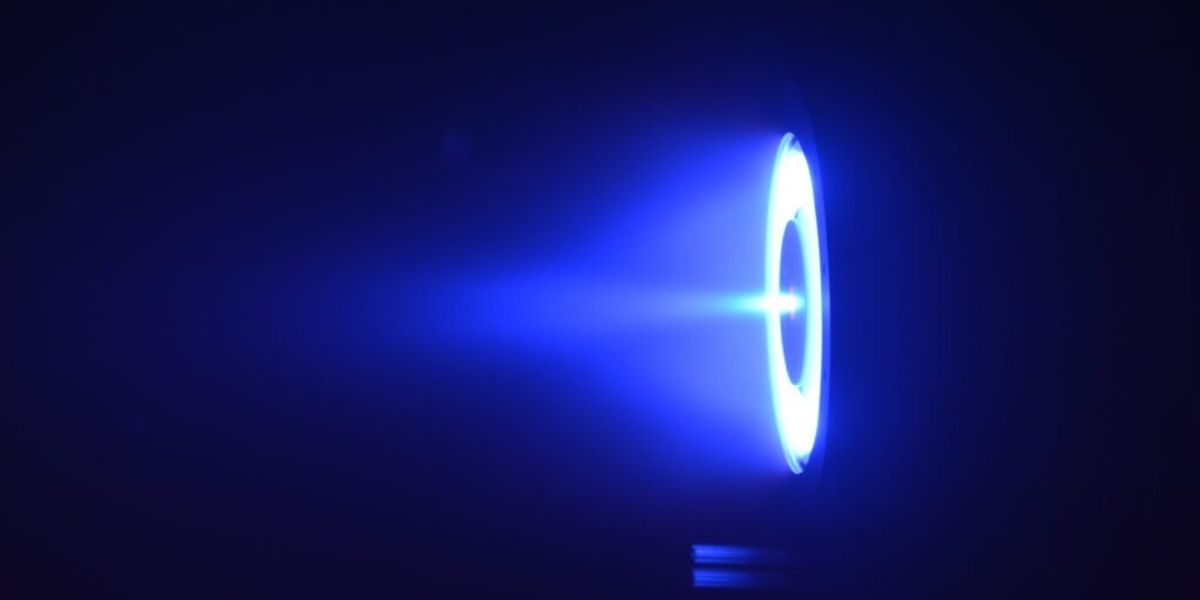 The glow of the plasma from the H9 MUSCLE Hall thruster during a test with krypton propellant. PHOTO: Plasmadynamic and Electric Propulsion Laboratory. 