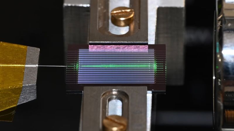 The experimental setup shown here incorporates on-chip optical parametric oscillator (OPO) technology to generate a frequency comb of laser-like light covering a wide range of frequencies with very little input energy. In this image, the chip includes ~20 OPOs, and one of them is being tested. An optical fiber is shown to the left of the chip and a free-space objective to the right. Credit: Alireza Marandi