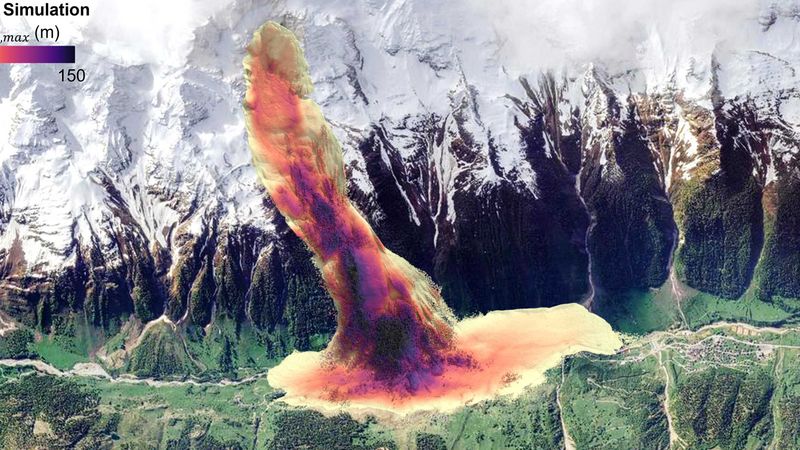 ETH Zurich and SLF have developed a new 3D model that accurately captures for example the initiation and runout of the rock-ice avalanche near Blatten – including ice and rock particles hurled into the air by shockwaves.  (Simulation: ETH Zurich / WSL-Institute SLF)