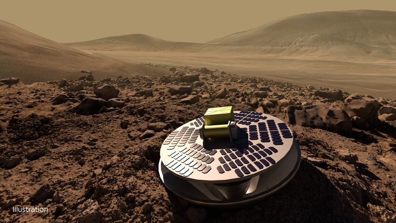 An illustration of SHIELD, a Mars lander concept that would allow lower-cost missions to reach the Red Planet’s surface by safely crash landing, using a collapsible base to absorb the impact. Credit: California Academy of Sciences