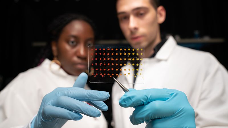 MIT graduate students Eunice Aissi, left, and Alexander Siemenn, have developed a technique that automatically analyzes visual features in printed samples (pictured) to quickly determine key properties of new and promising semiconducting materials. Credit: Bryce Vickmark