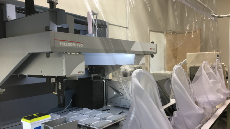 The robot in the Venturelli Lab that creates the microbial communities used to train and test the algorithms. Photo: Courtesy of Venturelli Lab.