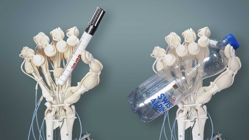 3D printed in one go: A robotic hand made of varyingly rigid and elastic polymers. (Photograph: ETH Zurich/Thomas Buchner)