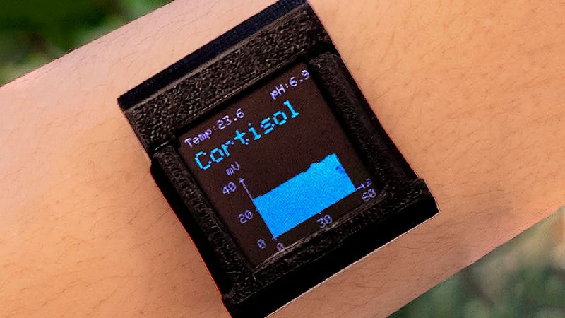 Stuck directly to the subject's skin with tape, this prototype cortisol monitor could track stress and disease.