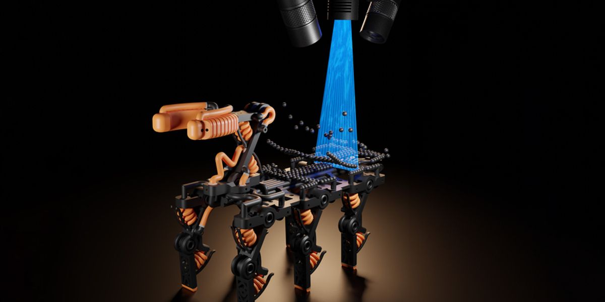 This rendering shows a robot being built layer-by-layer using the new process. The black spheres represent the material that the printer uses. The material is then cured by UV light, represented in blue. At the top of the image are the cameras that scan the procedure and adjust accordingly. Image: Moritz Hocher