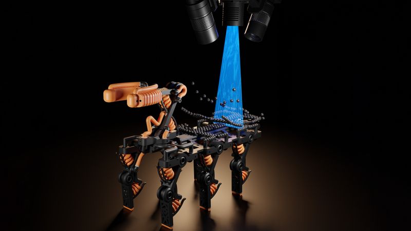 This rendering shows a robot being built layer-by-layer using the new process. The black spheres represent the material that the printer uses. The material is then cured by UV light, represented in blue. At the top of the image are the cameras that scan the procedure and adjust accordingly. Image: Moritz Hocher