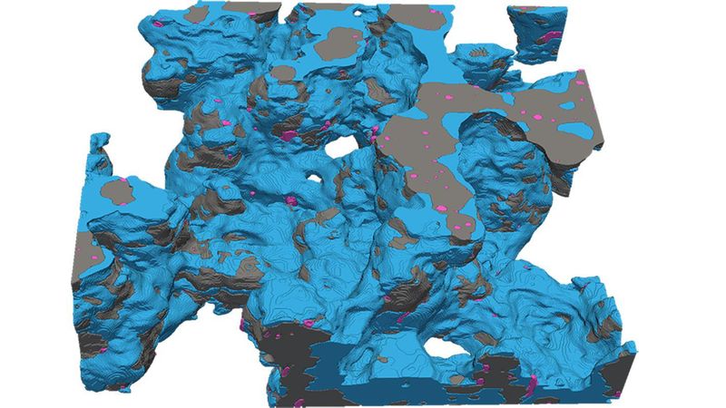 In one of the lab's images, platinum nanoparticles are shown in pink © INE EPFL