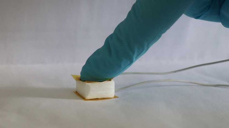 Even a little pressure can generate usable energy in the wooden sponge. (Photograph: ACS Nano / Empa)