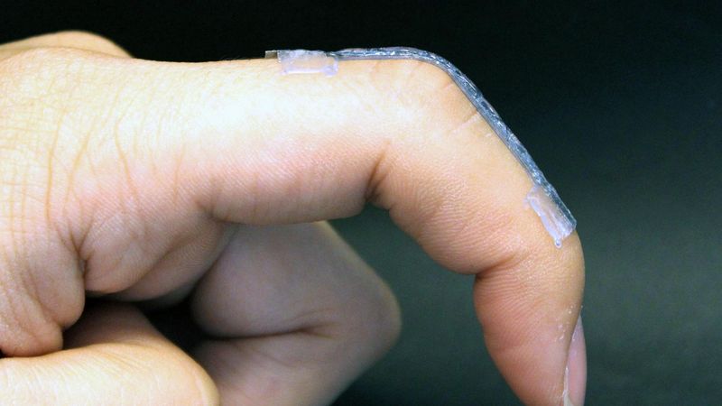 Penn State researchers developed a new soft and stretchable material that can be 3D-printed. The material can be used to fabricate wearable devices, such a sensor that can be worn on a finger, as shown here. Credit: Marzia Momin. All Rights Reserved.