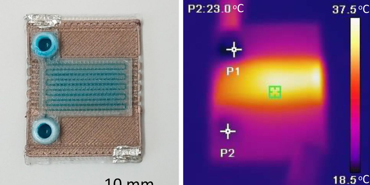 MIT researchers developed a fabrication process to produce self-heating microfluidic devices in one step using a multi-material 3D printer. Pictured is an example of one of the devices. Image: Courtesy of the researchers