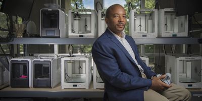Raheem Beyah, the Motorola Foundation Professor and associate chair in Georgia Tech’s School of Electrical and Computer Engineering, is shown in a 3-D printing lab at the Woodruff School of Mechanical Engineering. (Credit: Christopher Moore, Georgia Tech)