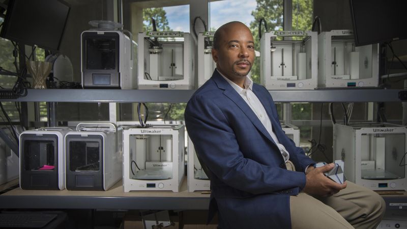 Raheem Beyah, the Motorola Foundation Professor and associate chair in Georgia Tech’s School of Electrical and Computer Engineering, is shown in a 3-D printing lab at the Woodruff School of Mechanical Engineering. (Credit: Christopher Moore, Georgia Tech)