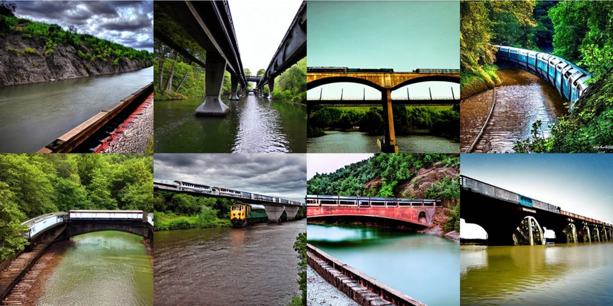 This array of generated images, showing "a train on a bridge" and "a river under the bridge,” was generated using a new method developed by MIT researchers. Image courtesy of the researchers