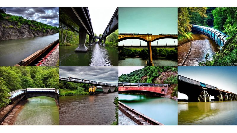 This array of generated images, showing "a train on a bridge" and "a river under the bridge,” was generated using a new method developed by MIT researchers. Image courtesy of the researchers